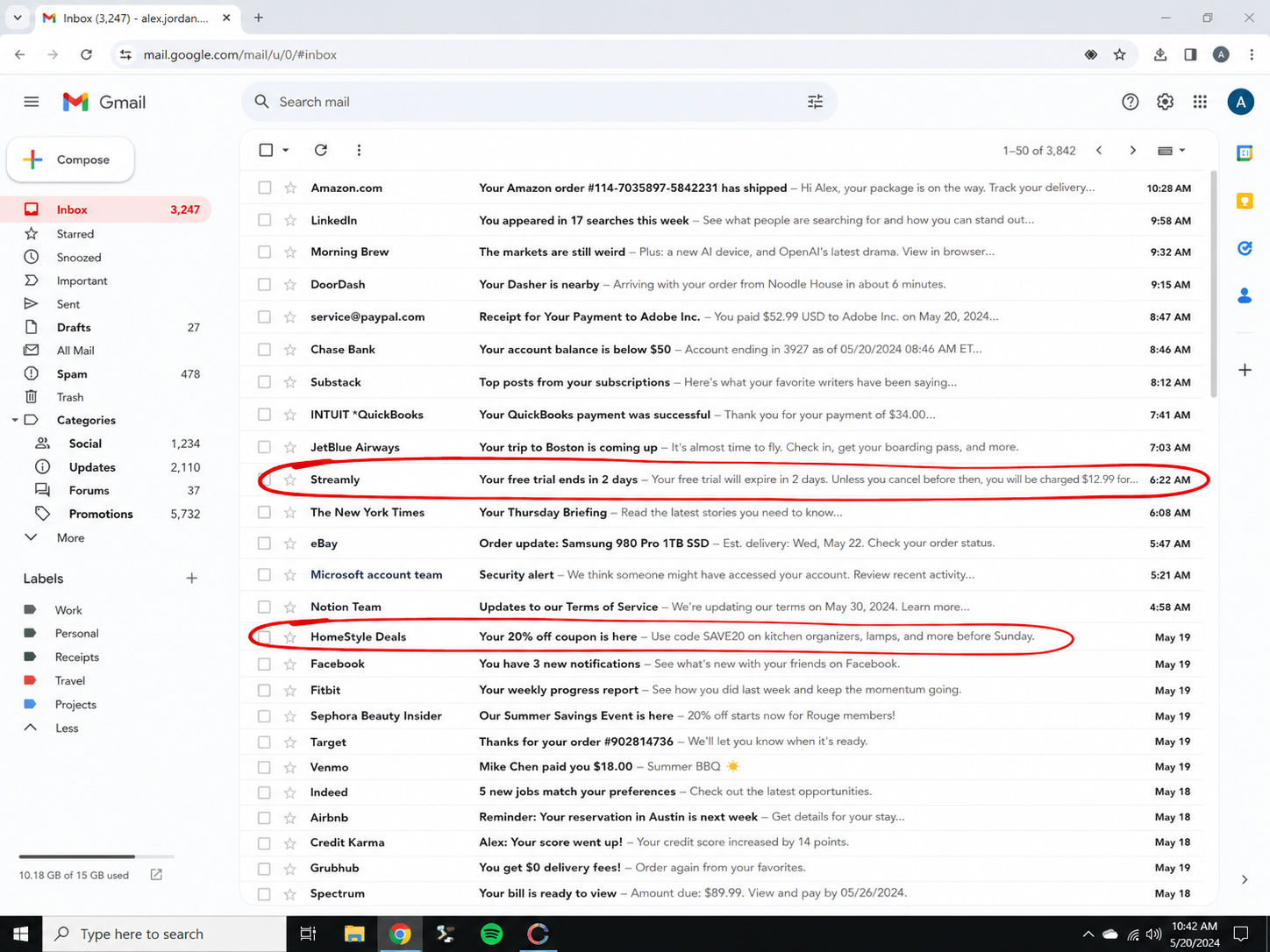 Crowded email inbox with two highlighted emails revealing a store credit and a gift card balance